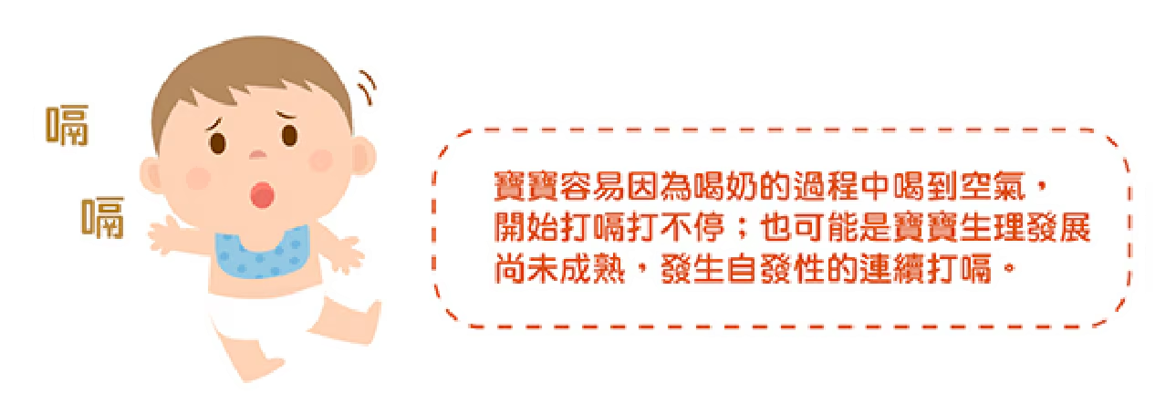 寶寶可能因為喝奶過程中，喝到太多空氣而開始打嗝