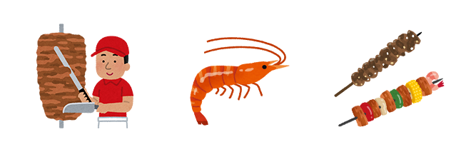 沙威瑪、去皮烤雞排、烤蝦、滷豆干、雞胗、蔬菜烤肉串