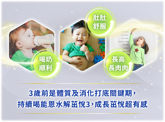 3歲前是體質及消化打底關鍵期，持續喝能恩水解茁悅3，成長茁悅超有感